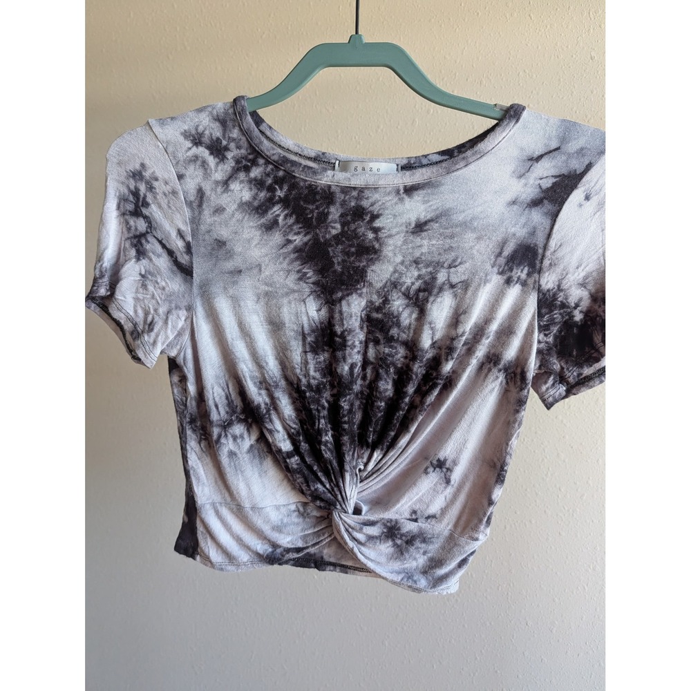 Gaze Womens Black White Tie Dye Twist Front Crop Top Short Sleeve‎ Small T47159